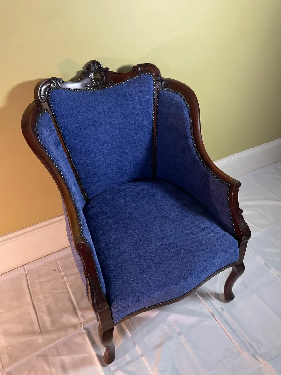 Vintage-Style Carved Armchair in Blue Fabric - Image 4