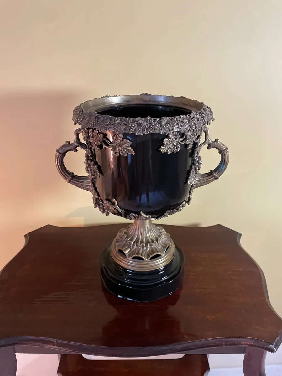 Large Ornate Black & Brass-Toned Vase - Image 1