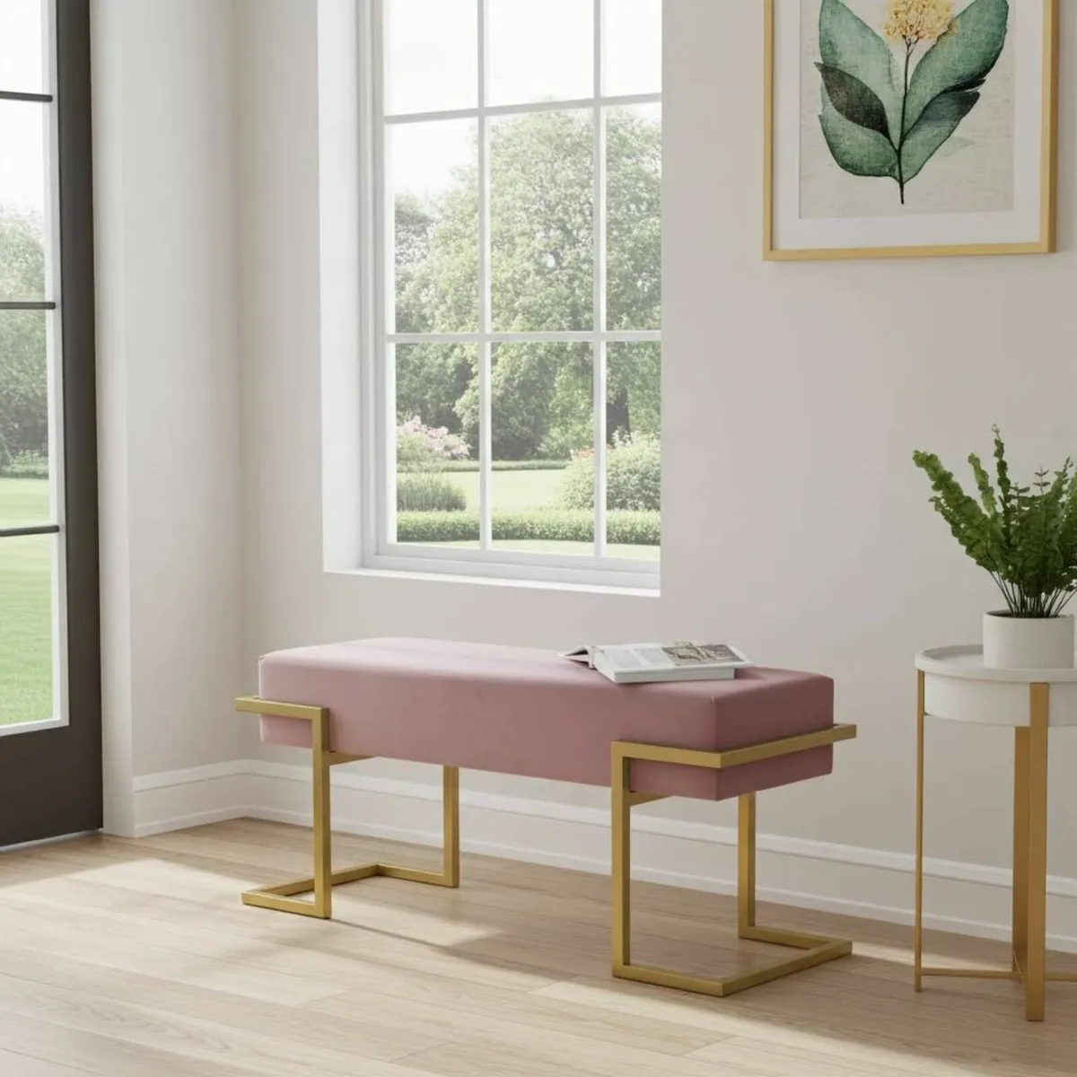 Axon Modern Pink Velvet Bench with Gold Metal - Image 2