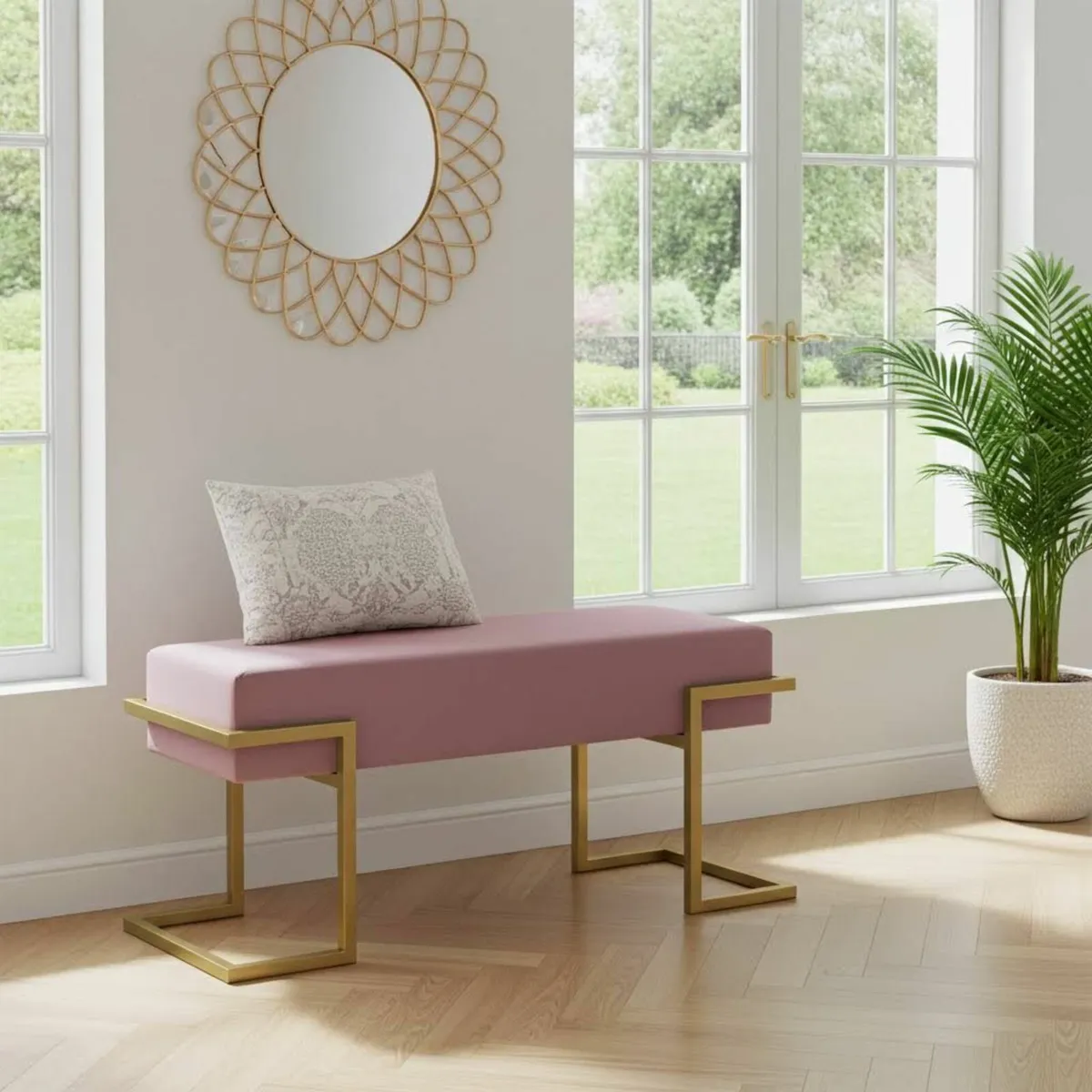 Axon Modern Pink Velvet Bench with Gold Metal - Image 3