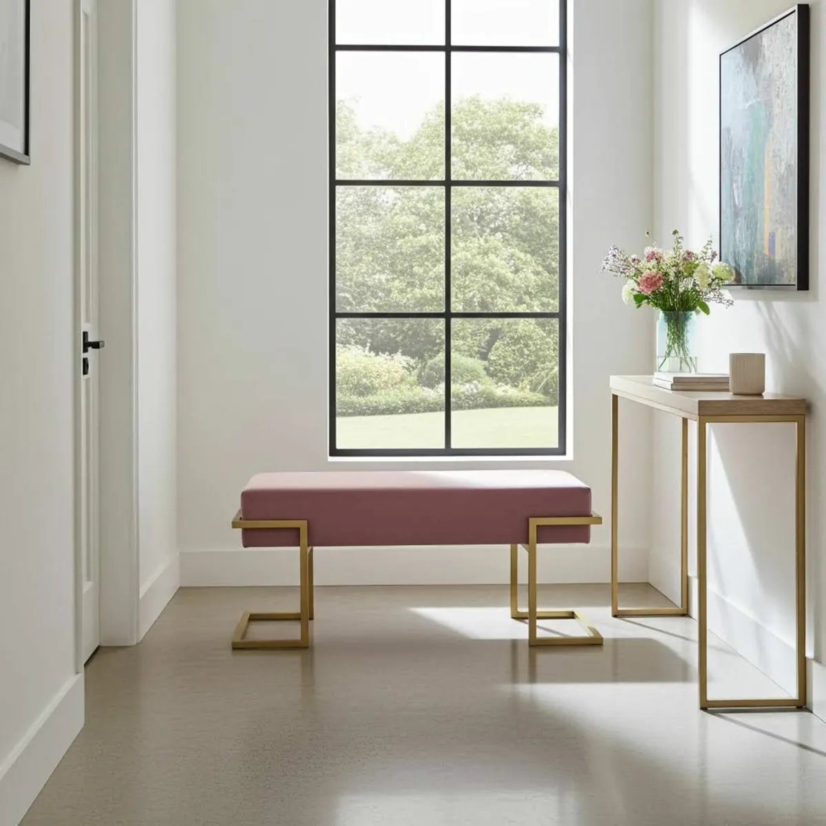 Axon Modern Pink Velvet Bench with Gold Metal - Image 4