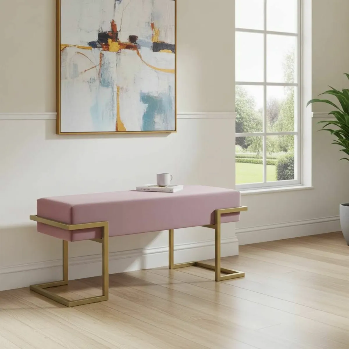 Axon Modern Pink Velvet Bench with Gold Metal - Image 1