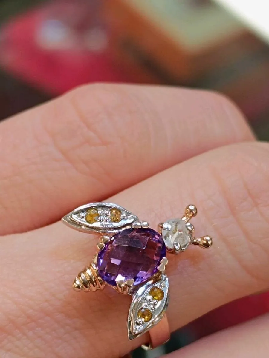 Amethyst & Diamond, 9k Rose Gold Bee Ring - Image 4