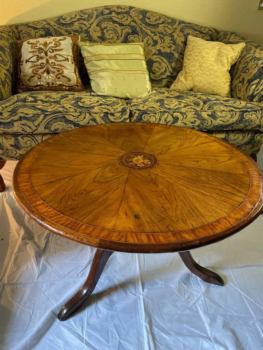 Vintage Round Pedestal Table with Floral Inlay - Image 1