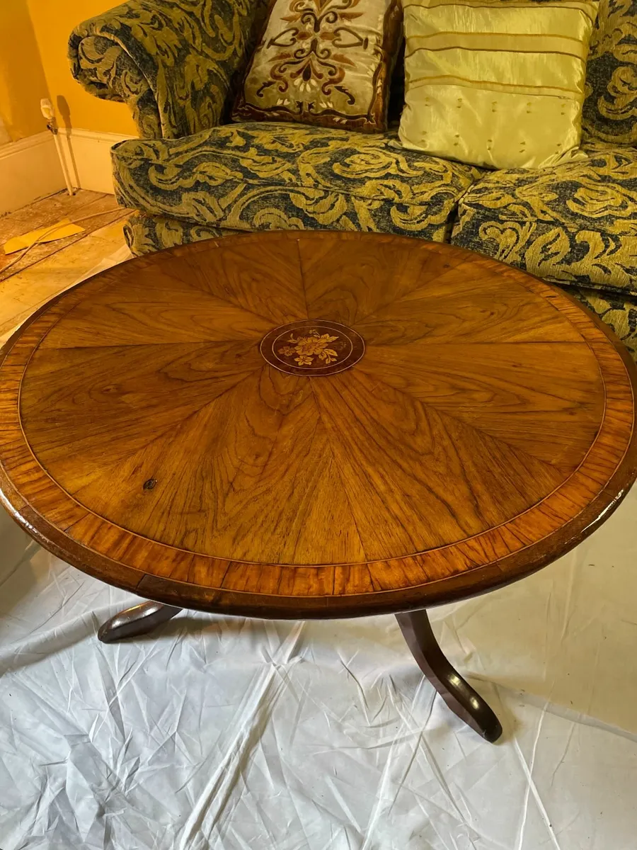 Vintage Round Pedestal Table with Floral Inlay - Image 2