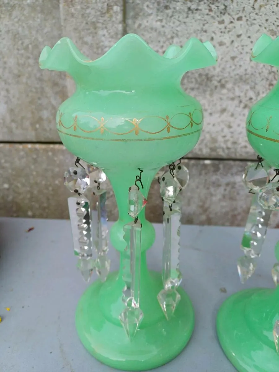 Victorian Green Uranium Glass Lustre Vases - Image 3