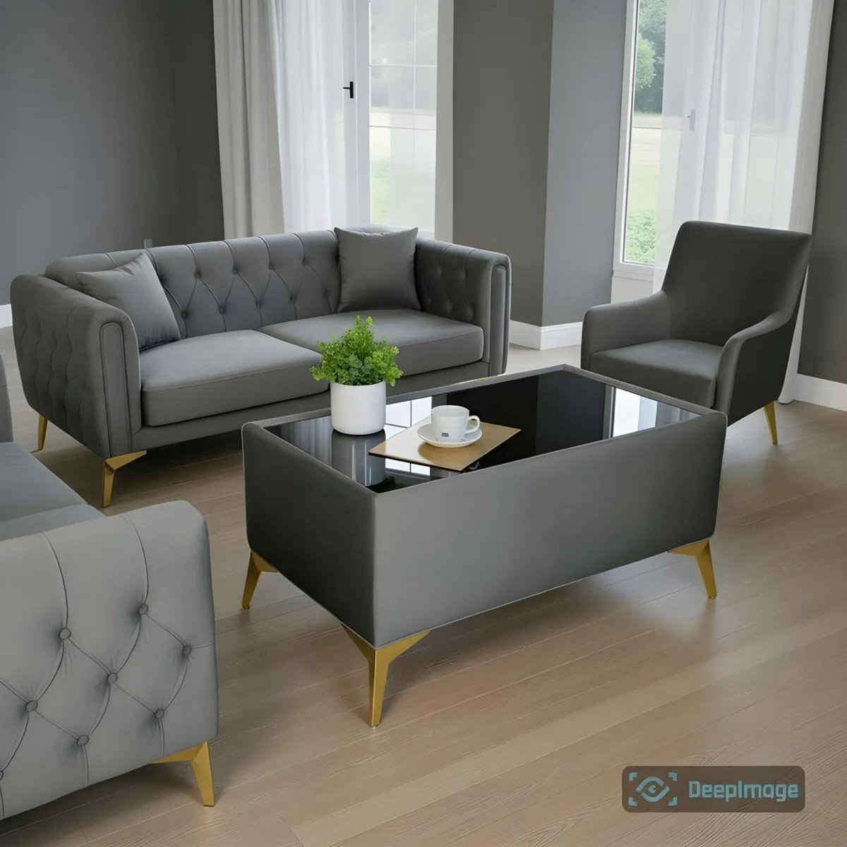 Velvet coffee table with glass top - Image 2