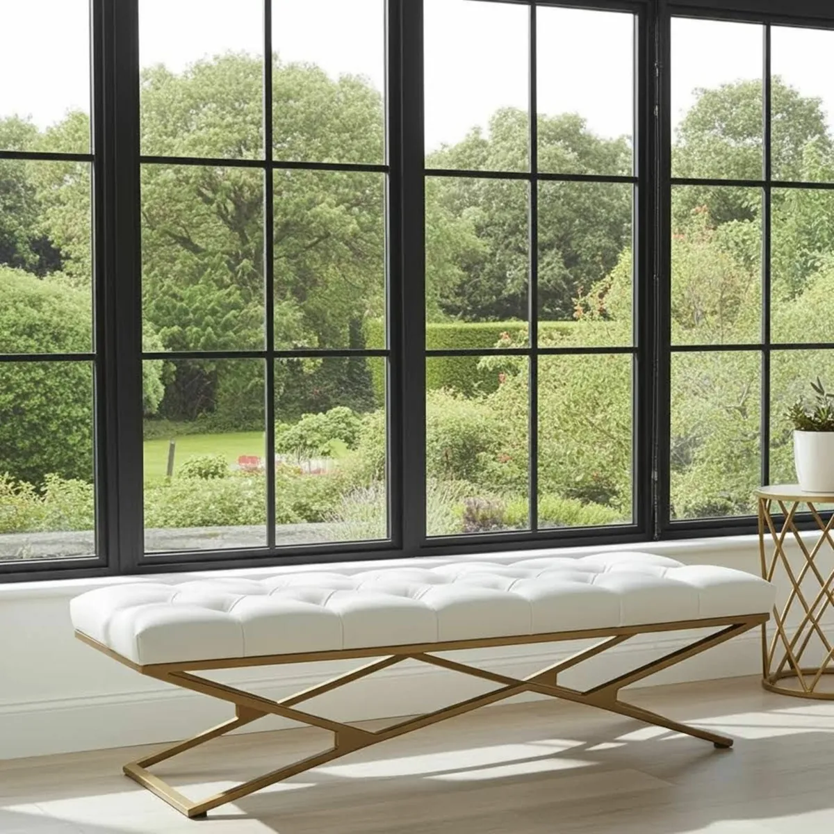 Metal-Framed Bench 140x40cm Gold Frame / Eco Leath - Image 4