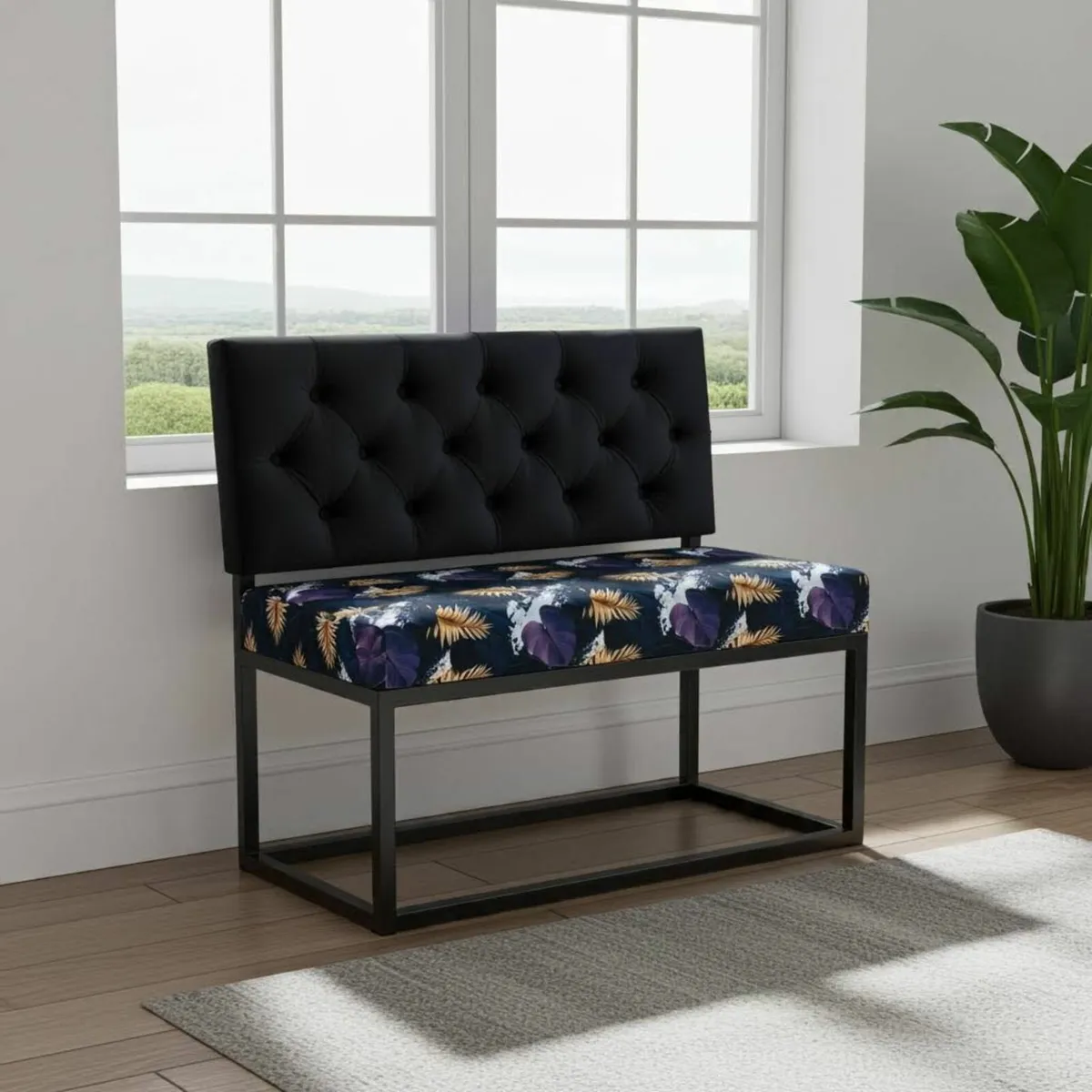 Modern Loft Metal-Framed Bench Black Backrest - Image 1