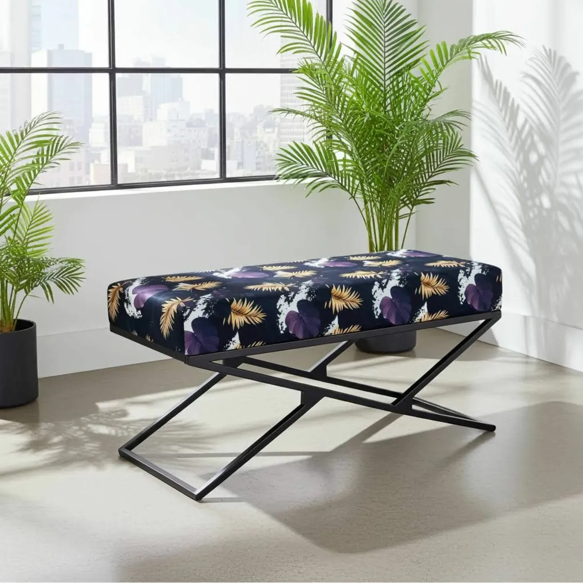 Velvet Black Metal Frame Bench 100x40x40/50cm - Image 1