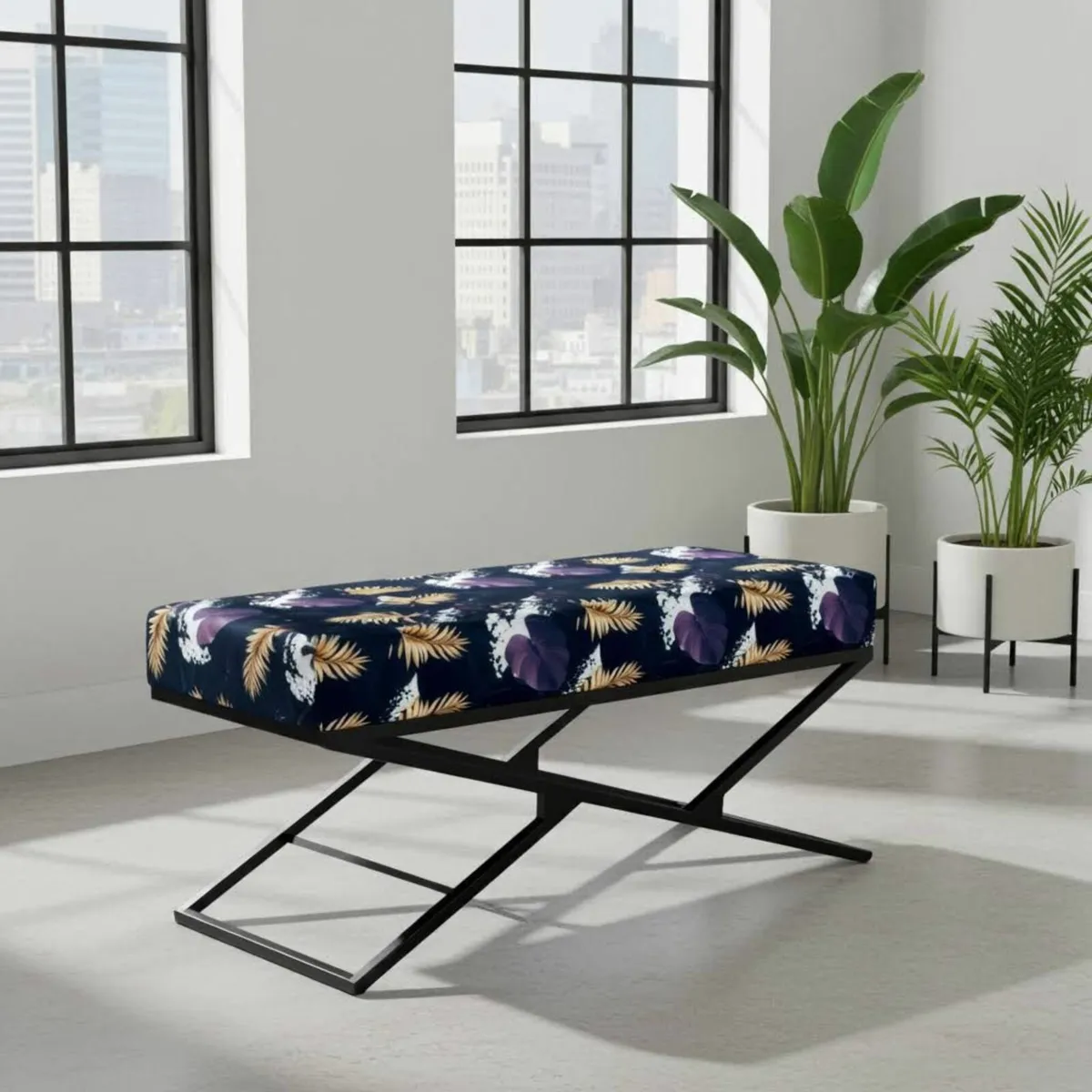 Velvet Black Metal Frame Bench 100x40x40/50cm - Image 2