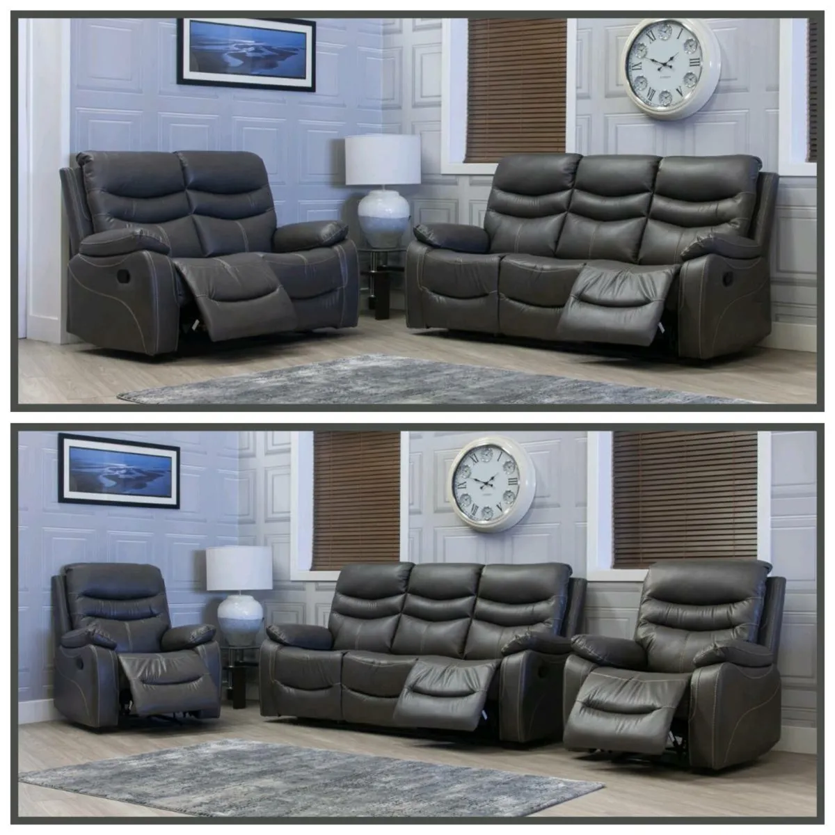 New 3+2 & 3+1+1 Grey High Back Reclining Sofa Sets - Image 1