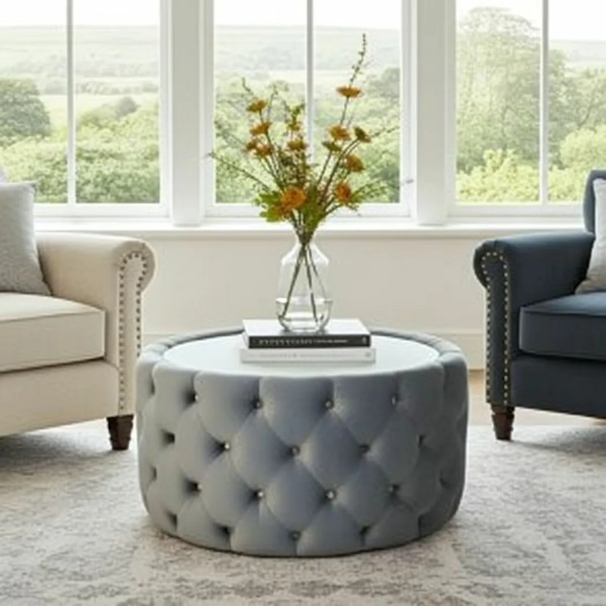 Velvet Button Tufted Round Coffee Table 60cm - Image 2