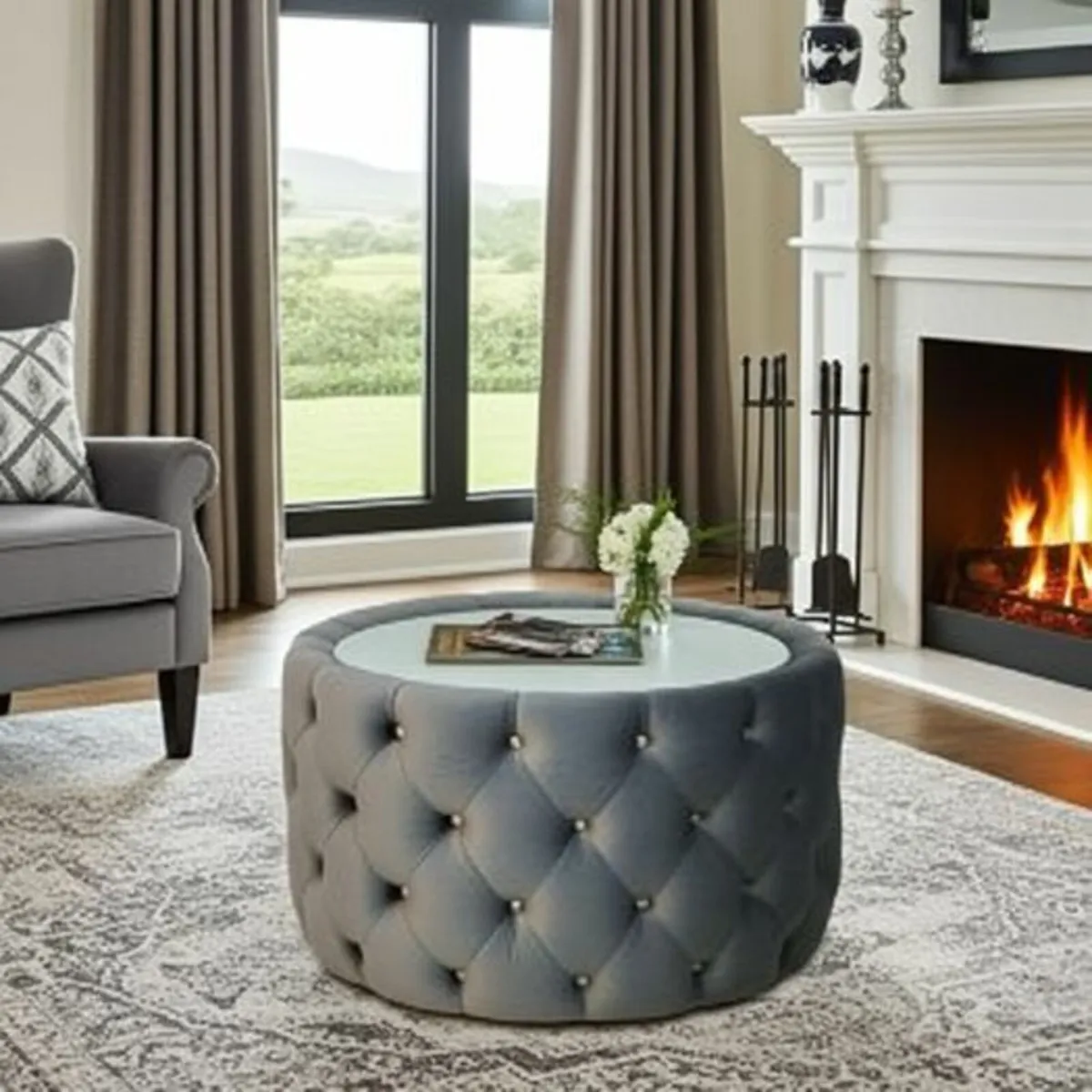 Velvet Button Tufted Round Coffee Table 60cm - Image 1