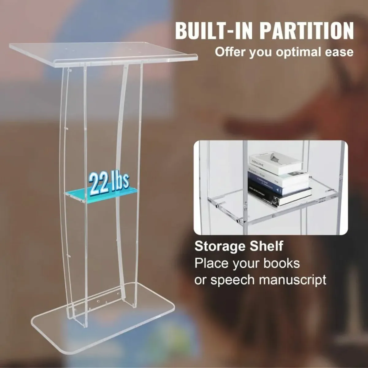 Podium, 119 cm Tall, Clear Acrylic Podium Stand wi - Image 3