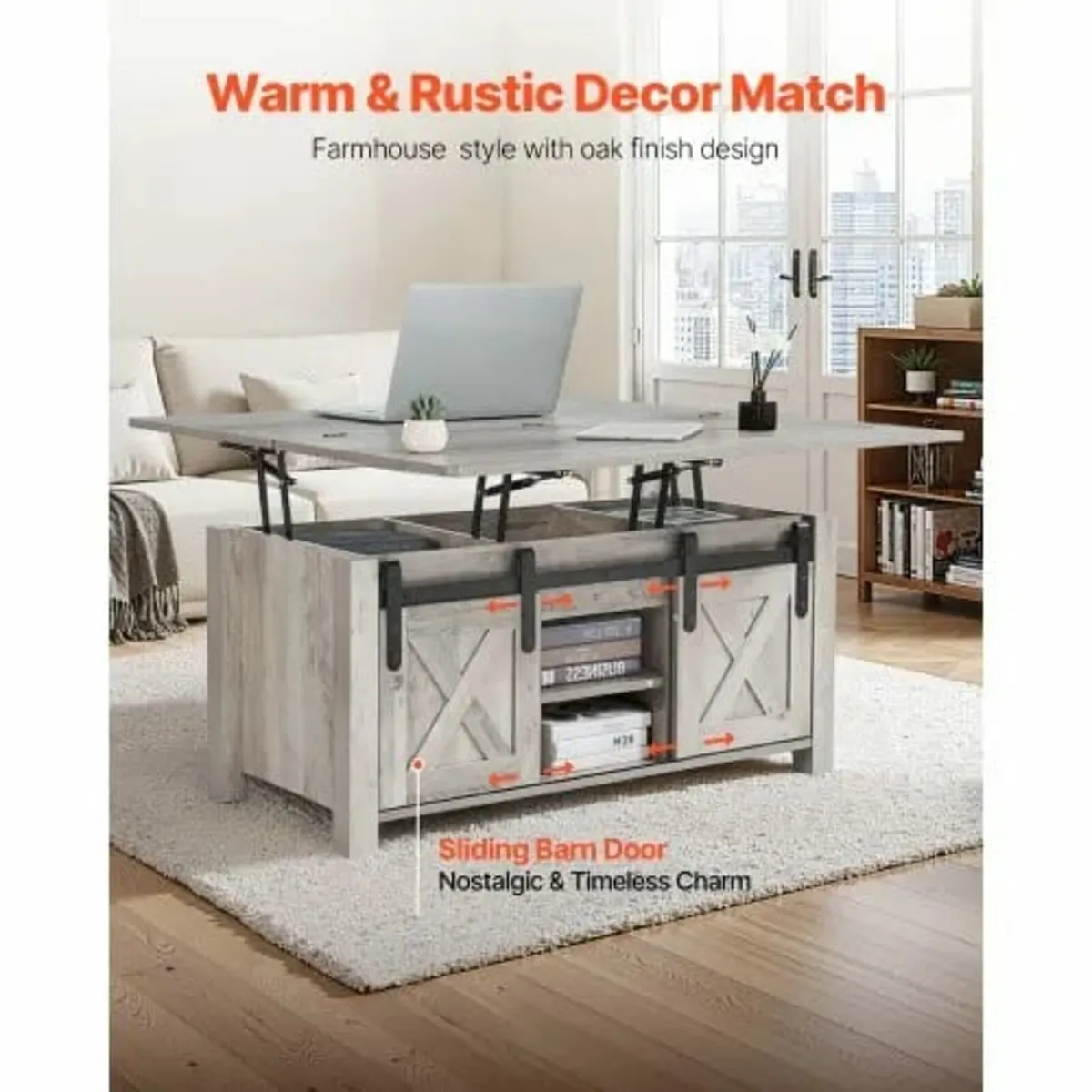 1000 mm Farmhouse Lift Top Coffee Table, Rustic Ce - Image 4