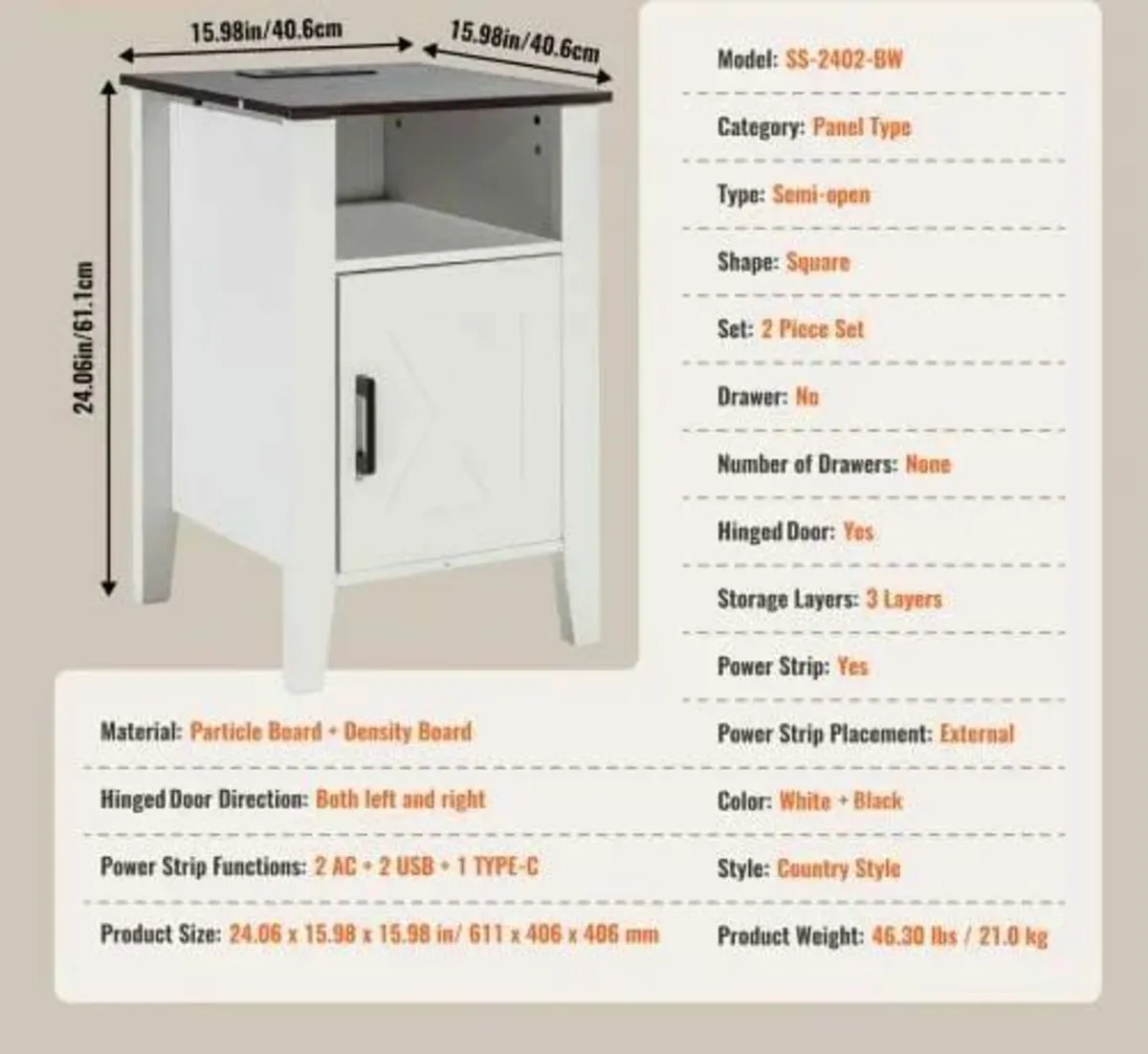 Farmhouse End Table, Set of 2, Square Night Stand - Image 2