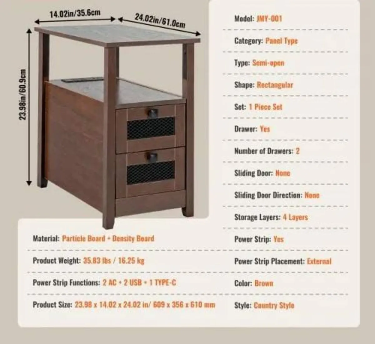 Farmhouse End Table, Narrow Night Stand with USB P - Image 2