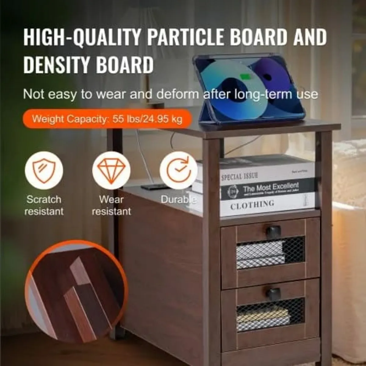 Farmhouse End Table, Narrow Night Stand with USB P - Image 3