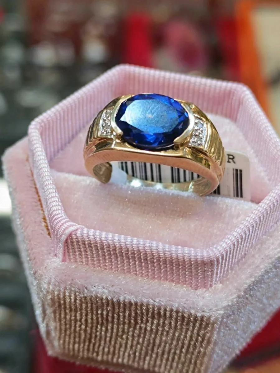 Vintage 9k Gold Ring , Blue Stone and Diamonds - Image 1