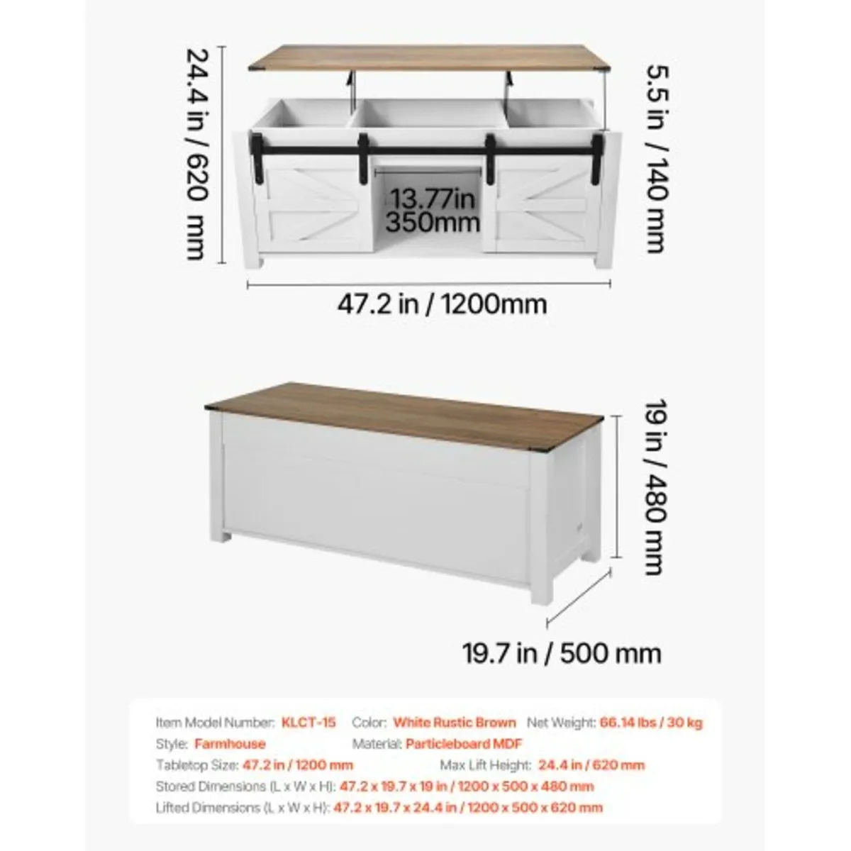 1200 mm Farmhouse Lift Top Coffee Table, Rustic Ce - Image 2