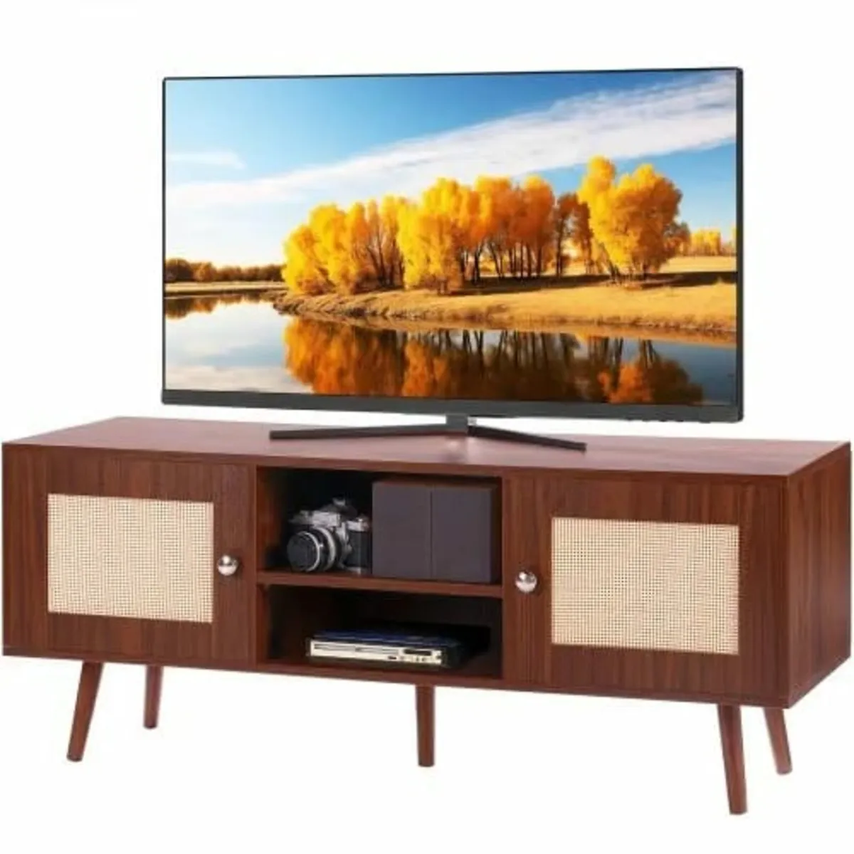 TV Stand, Boho TV Cabinet for 55 inch TV, Mid Cent - Image 1