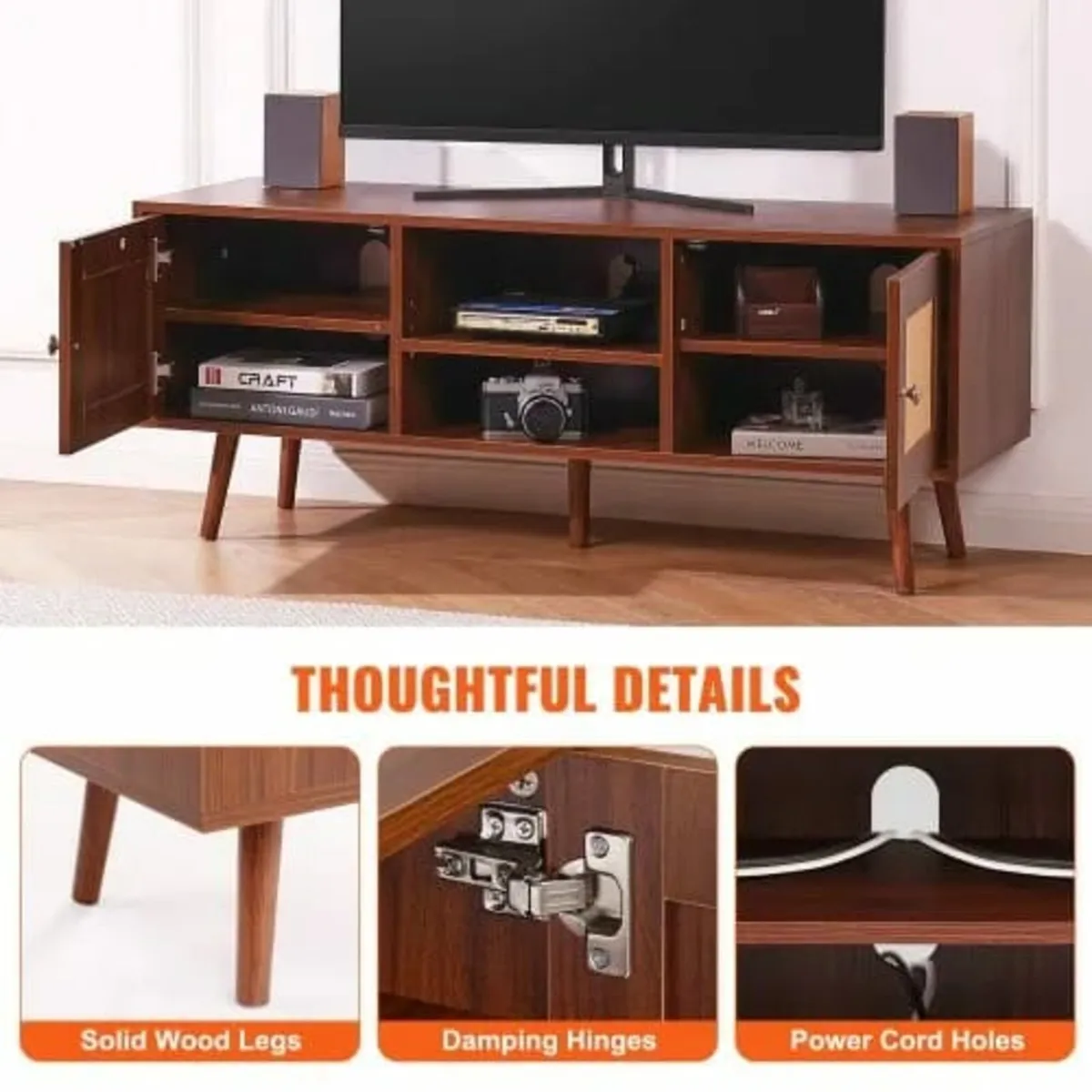 TV Stand, Boho TV Cabinet for 55 inch TV, Mid Cent - Image 4
