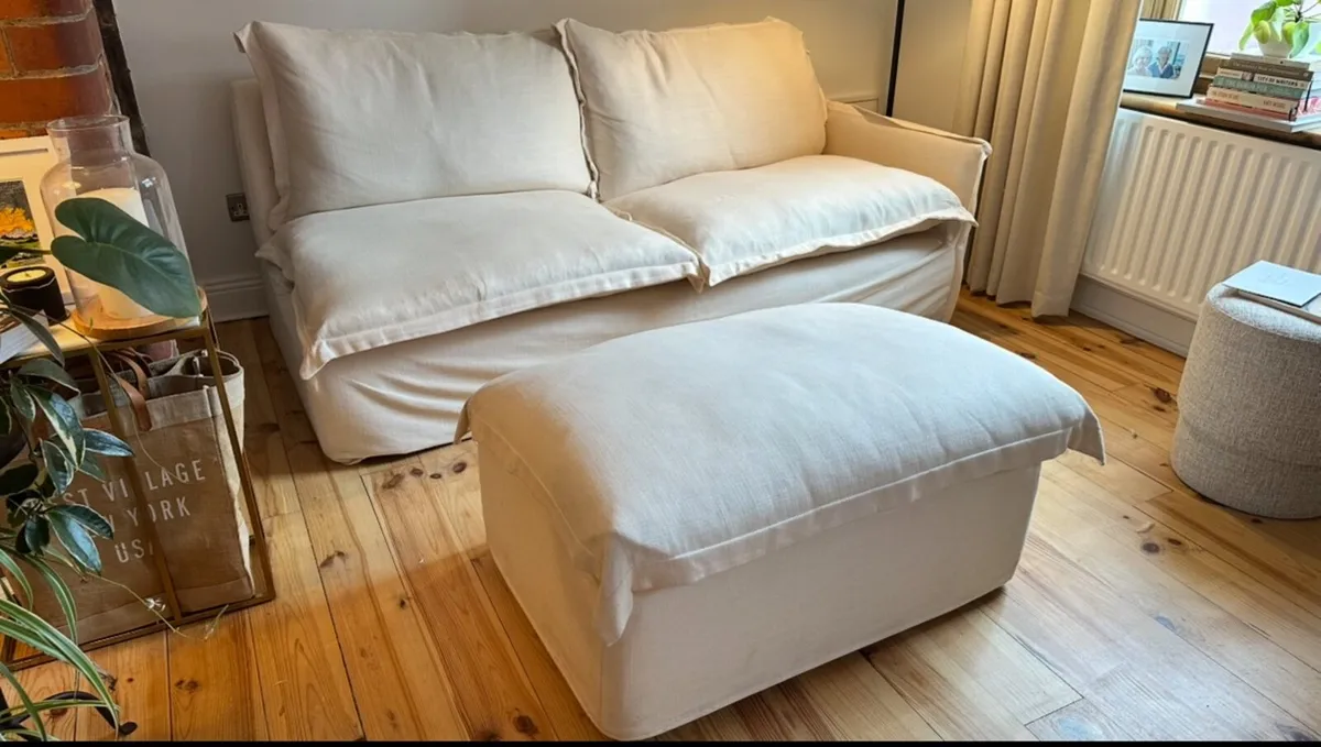 Bespoke Cream Linen-covered Sofa & Storage Ottoman - Image 4