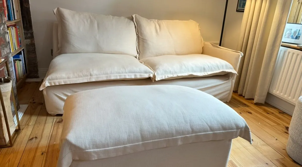 Bespoke Cream Linen-covered Sofa & Storage Ottoman - Image 2