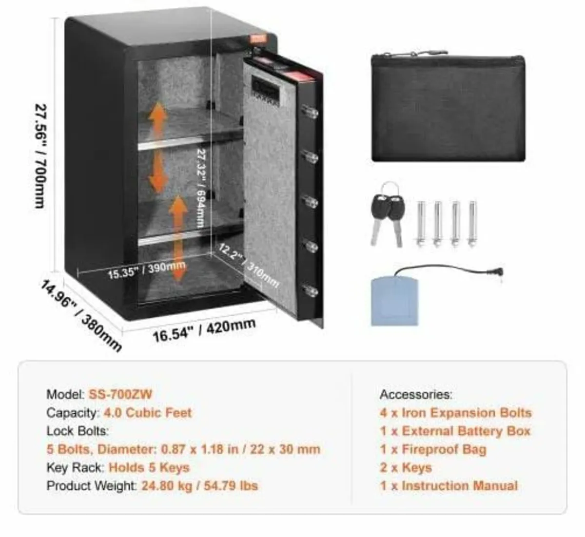 Single Door 4.0 cu.ft Safe Box with Key Lock, Pass - Image 3