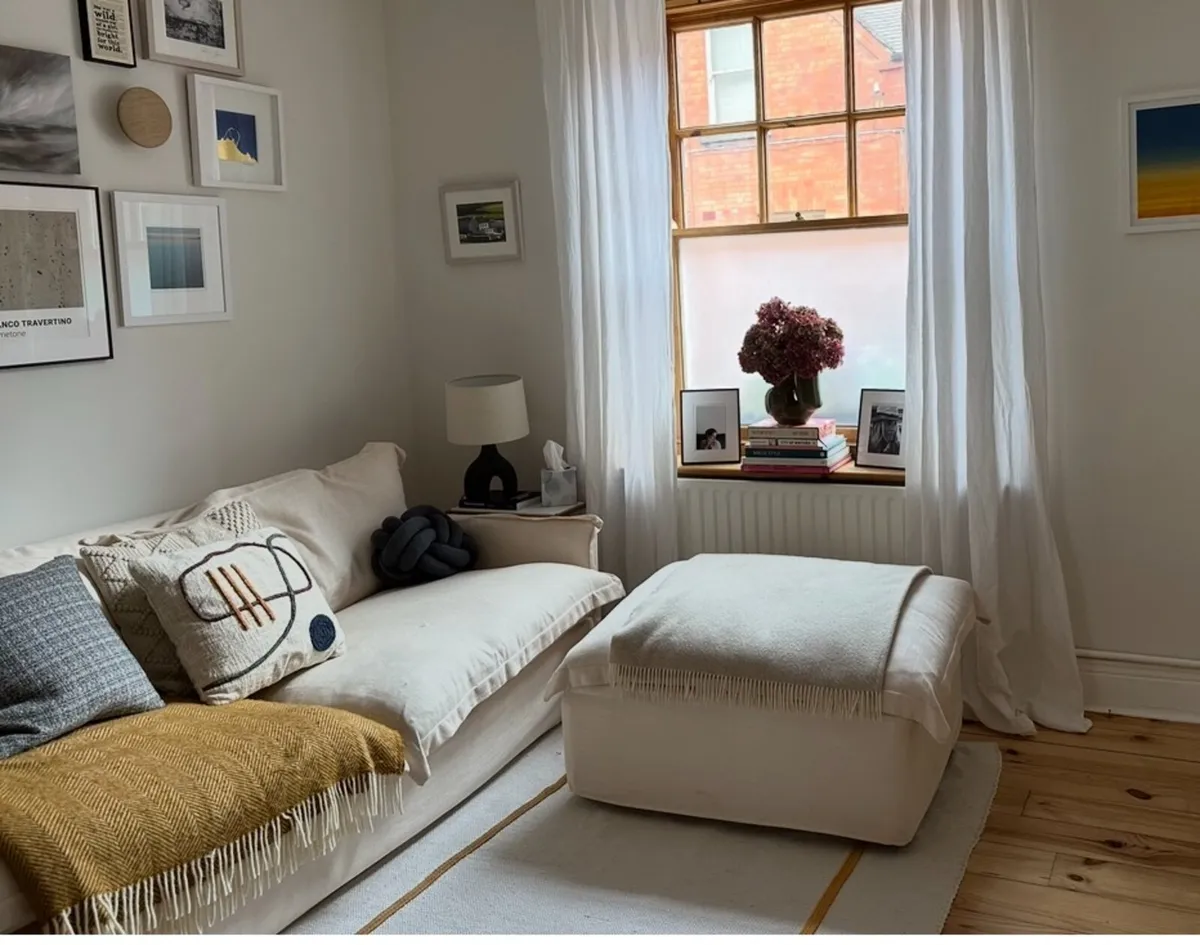 Bespoke Cream Linen-covered Sofa & Storage Ottoman - Image 1