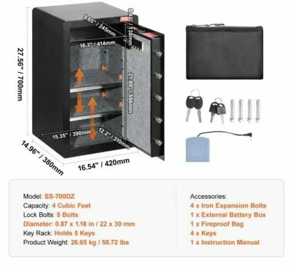 Single Door 4.0 cu.ft Safe Box with Key Lock & Pas - Image 3