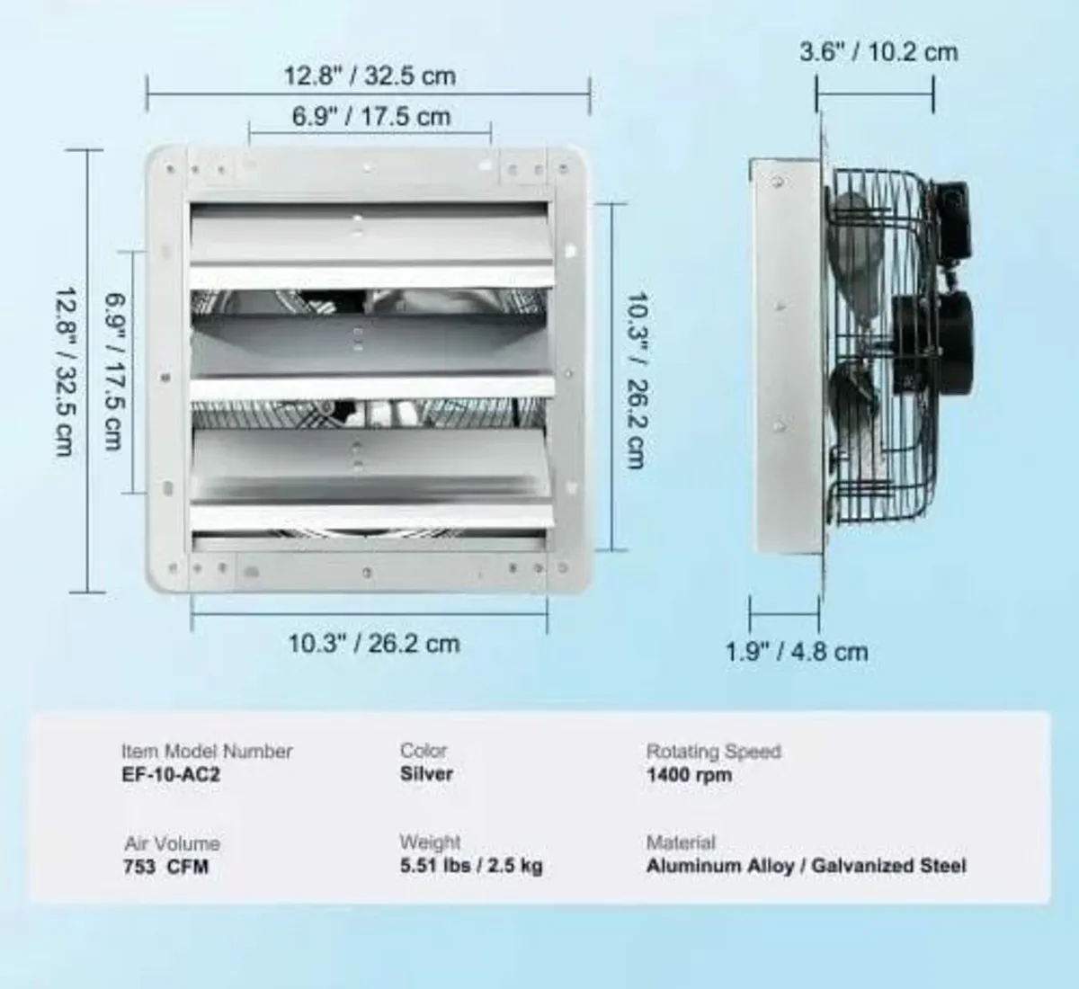 Shutter Exhaust Fan, 254 mm High-speed 1400RPM 753 - Image 4