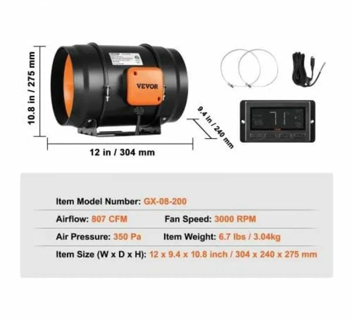 Inline Duct Fan, 203.2mm 506.2 CFM with Temperatur - Image 3