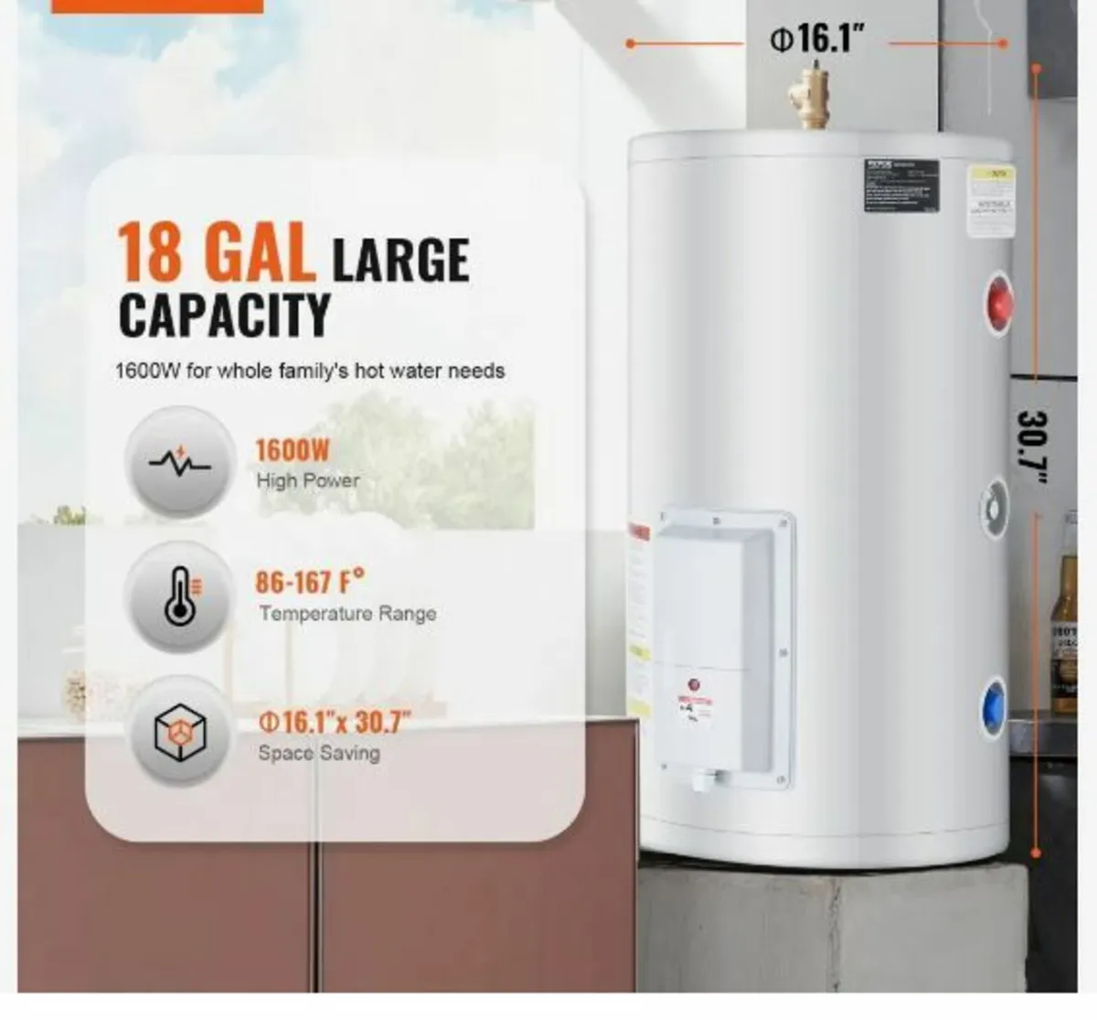 Electric Water Heater, 18 Gallon Tank Instant Hot - Image 2