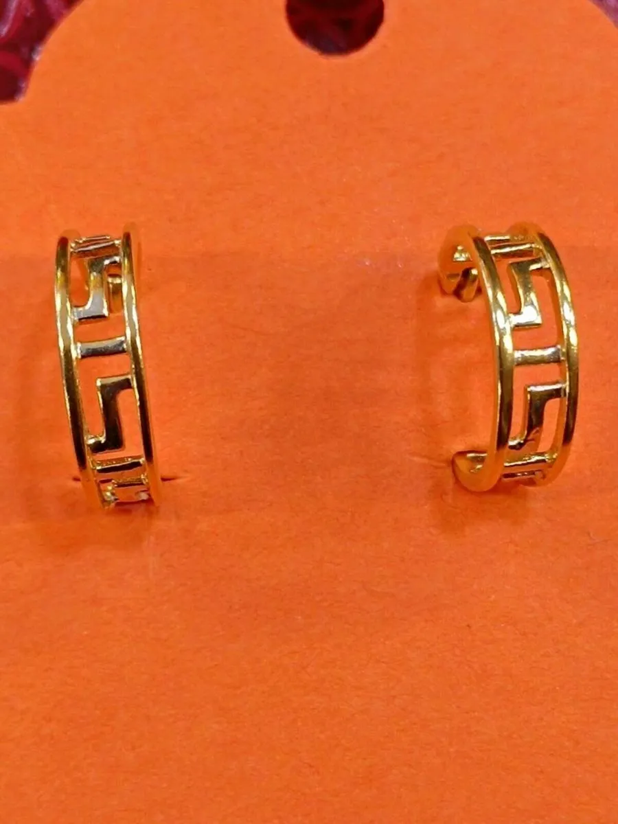 18k Yellow Gold Greek Key Hoops Earrings - Image 1