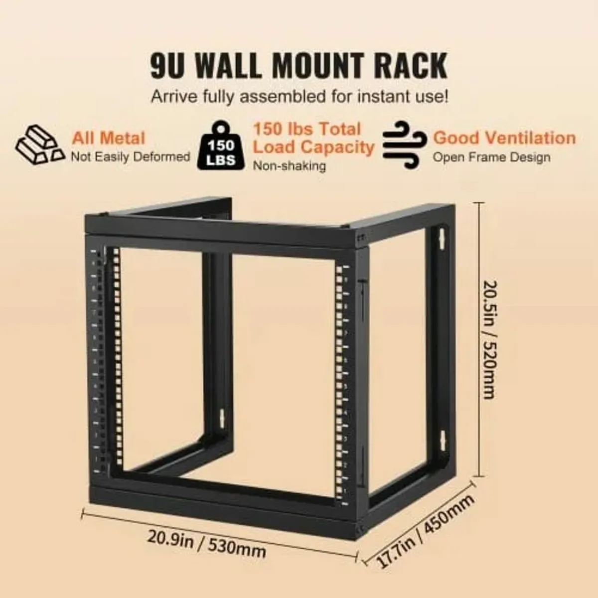 9U Wall Mount Rack 150 lbs/68.04 kg Open Frame Ser - Image 2