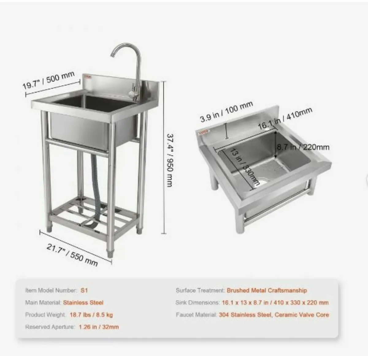 Stainless Steel Utility Sink, 1 Compartment Free - Image 2