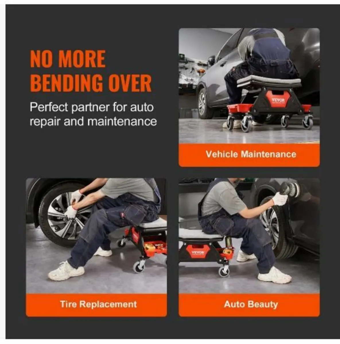 Mechanics Stool, 136.1kg Capacity Rolling - Image 4