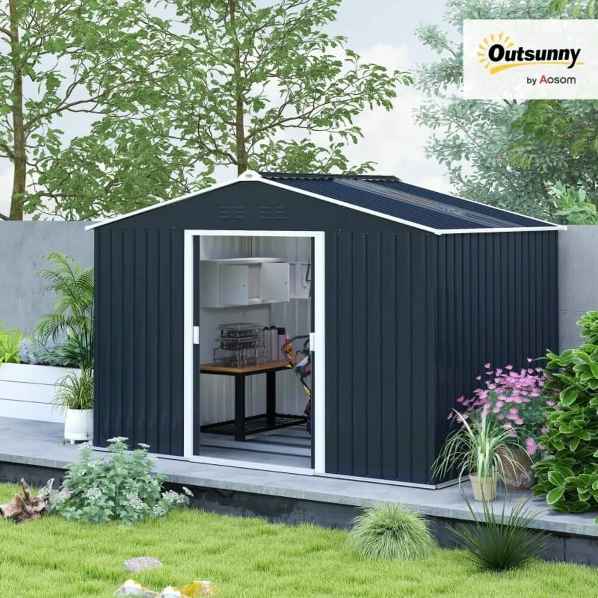 Dark grey Metal Tool Shed with Sliding Doors and V - Image 2