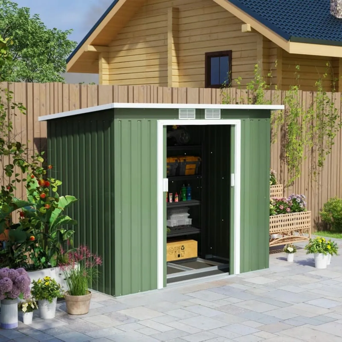 Garden Storage Shed w/ window Double Door Green

F - Image 2