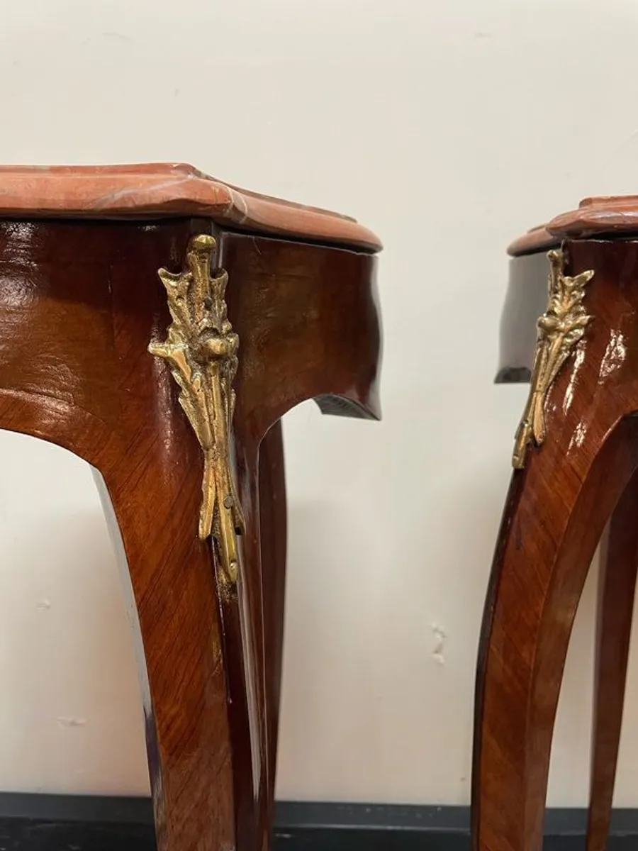 Pair of Marquetry & Brass Occasional Tables with Marble Tops. - Image 3