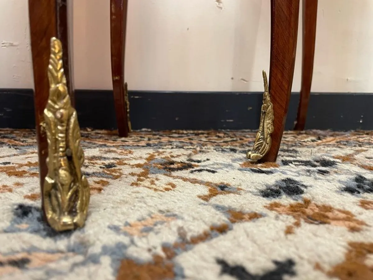 Pair of Marquetry & Brass Occasional Tables with Marble Tops. - Image 4