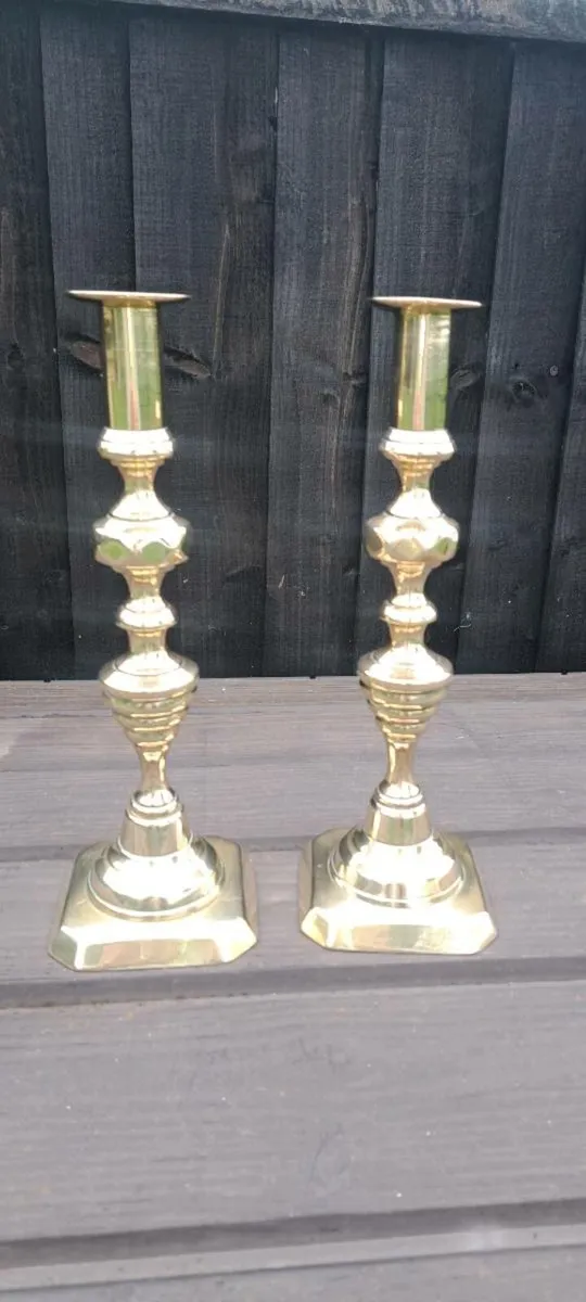 2 large brass candle stick holders - Image 1