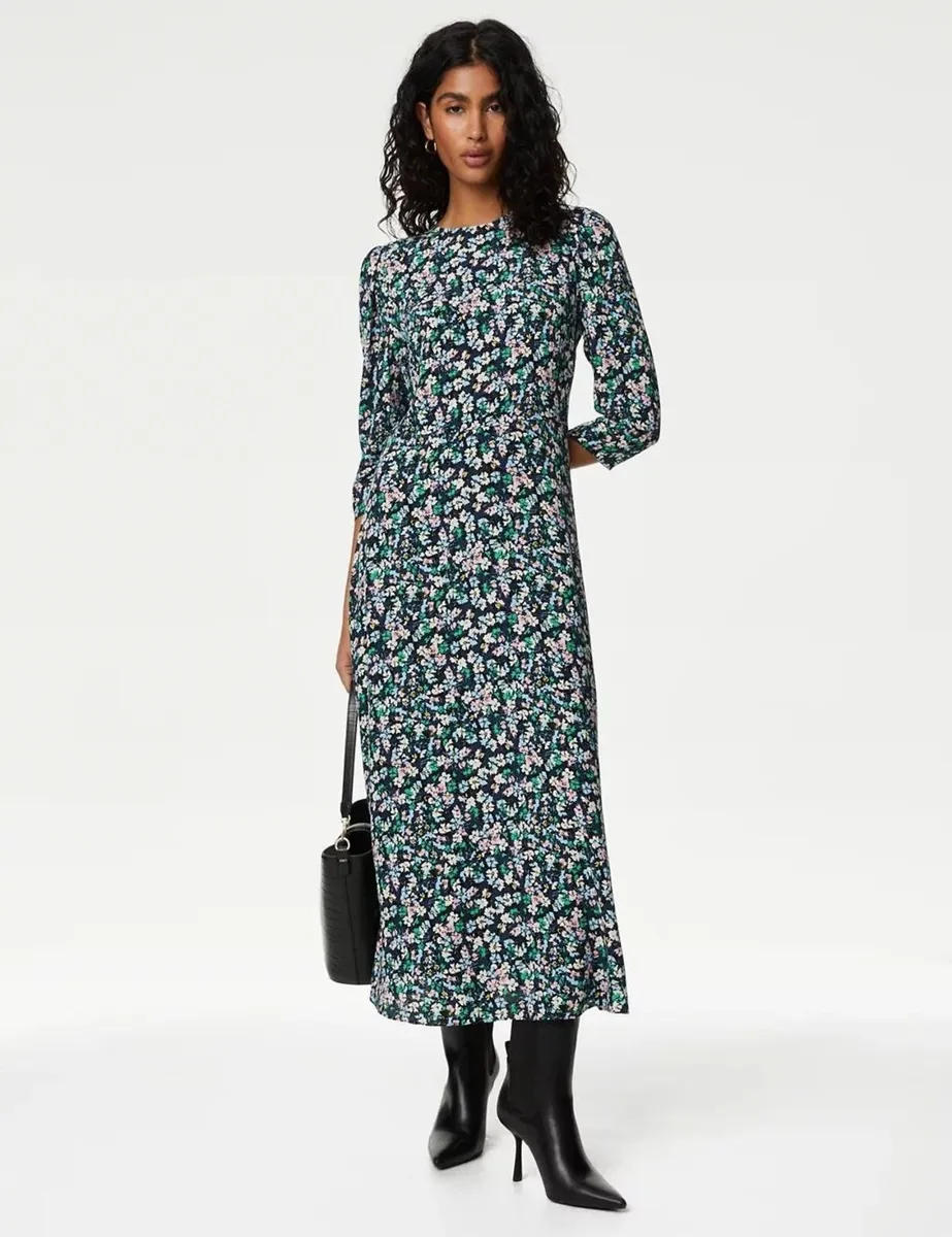 M&S Floral Round Neck Midi Tea Dress: Size 12 - Image 1