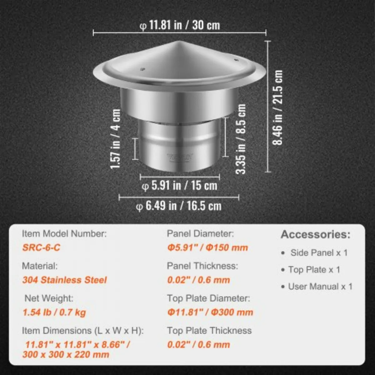 Chimney Cap, 152.4 mm, 304 Stainless Steel Round R - Image 2