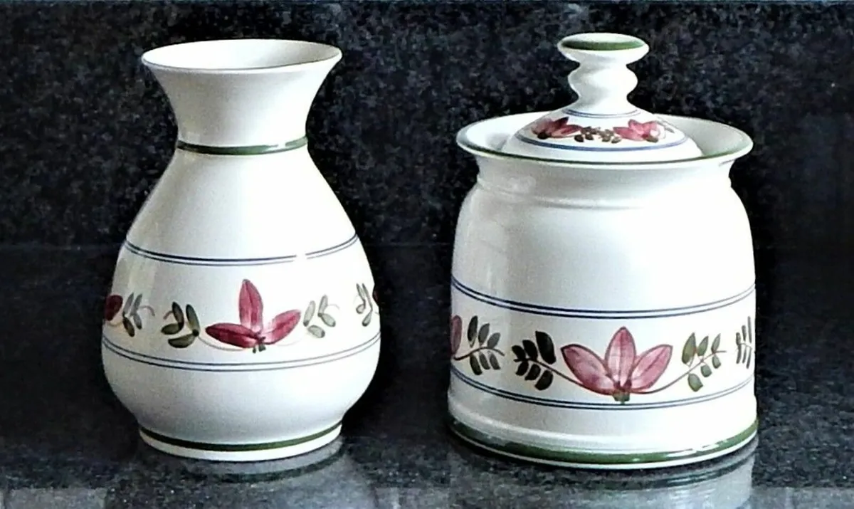 Large Iden Pottery Biscuit Barrel and Vase - Image 2