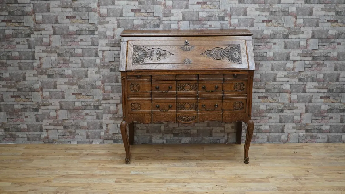 French Louis XV Revival Carved Solid Oak Bureau - Image 1