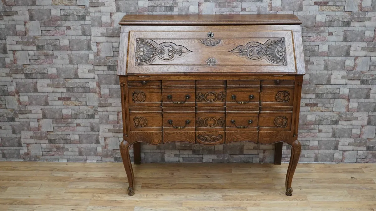 French Louis XV Revival Carved Solid Oak Bureau - Image 2