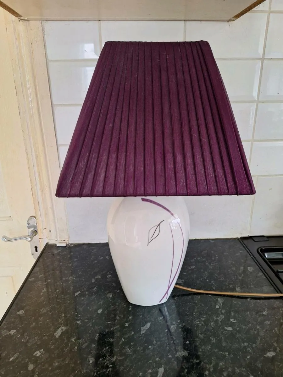 Lovely ceramic table lamp with purple shade - Image 1